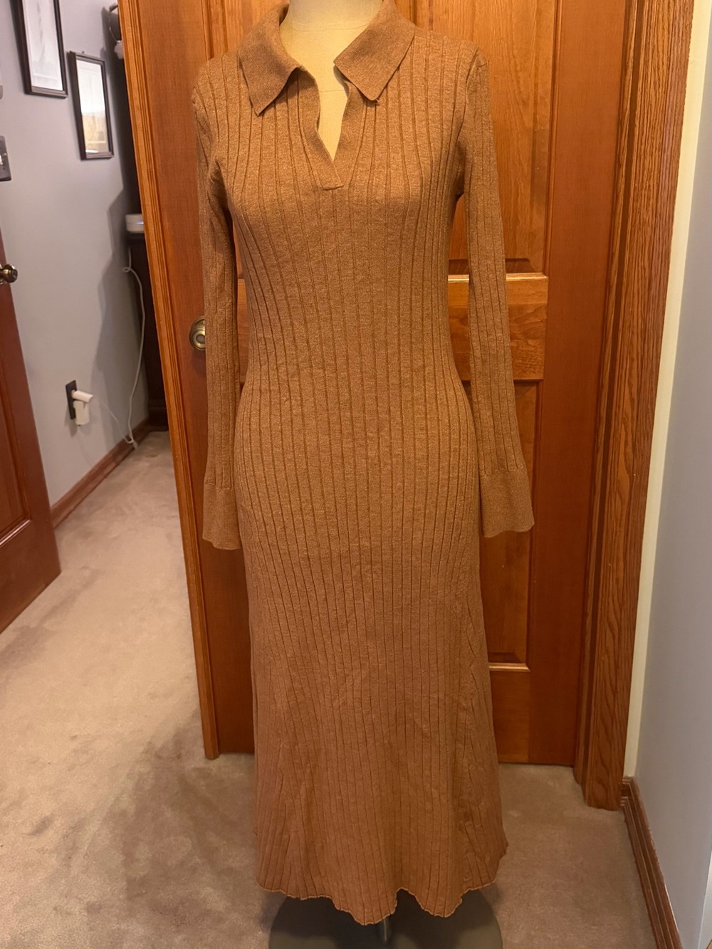 Lucky Brand Brown Ribbed Knit Long-Sleeve Maxi Dress